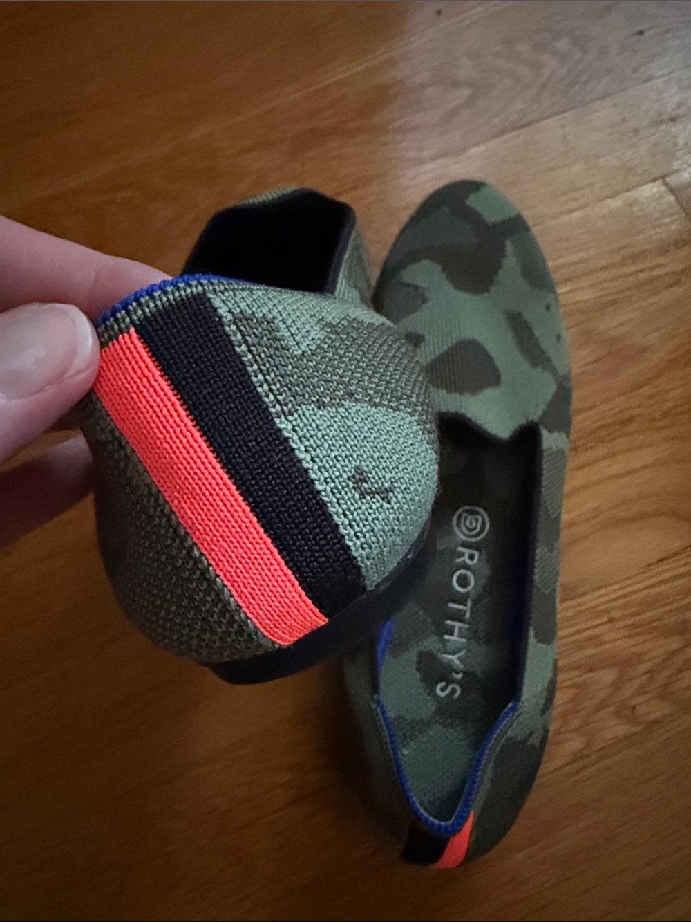 Rothy's Green Camo Knit Slip-Ons with Blue Trim - Picture 2 of 3
